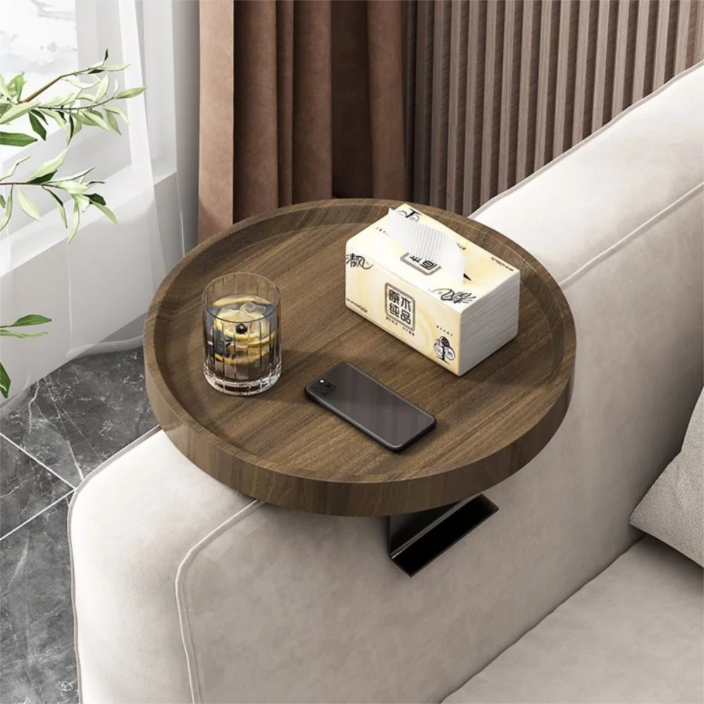 Adjustable Mobile Sofa Armrest Tray Round Waterproof Wooden Mini Side Table Multifunctional Space