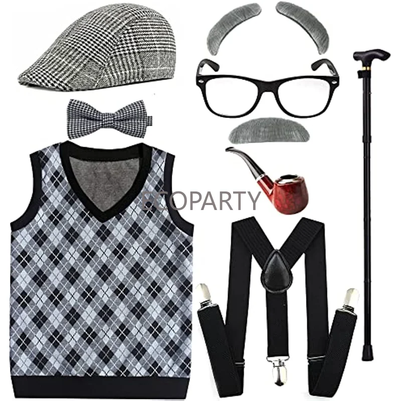 Costume de vieil homme gris clair pour enfants, glaçure de grand-père, chapeau et lunettes, costume d'Halloween pour garçons, 100 jours d'école, 2-8, nouveau