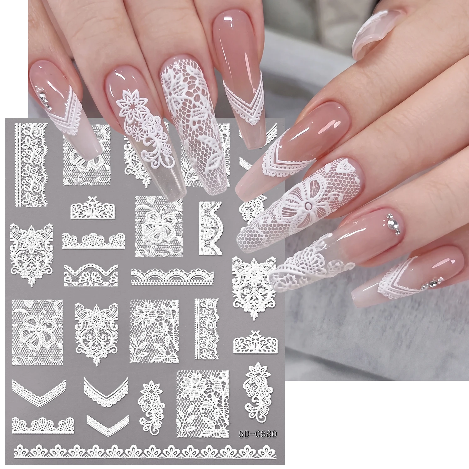 1Pcs 5D Relief White Lace Flower Nail Sticker Stripe Square V-Shaped French Lace Fabric Nail Decals Self-adhesive Sexy Nail Deco