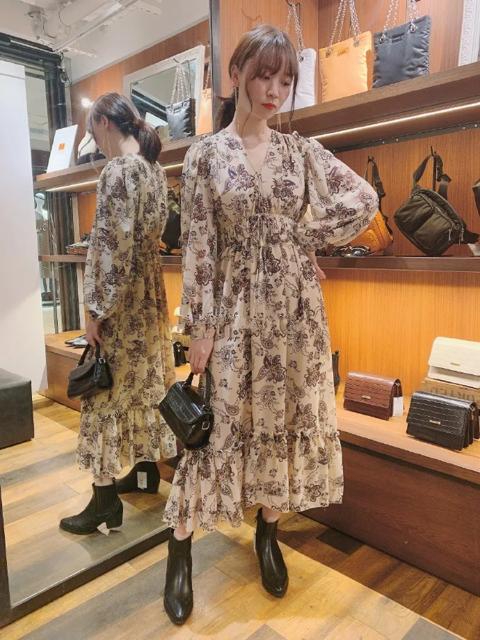 Retro Japanese Print V-Neck Tie Waist Lantern Sleeve Dress Spring Summer New Arrival Women's Skirt Long Sleeve Maxi Dress