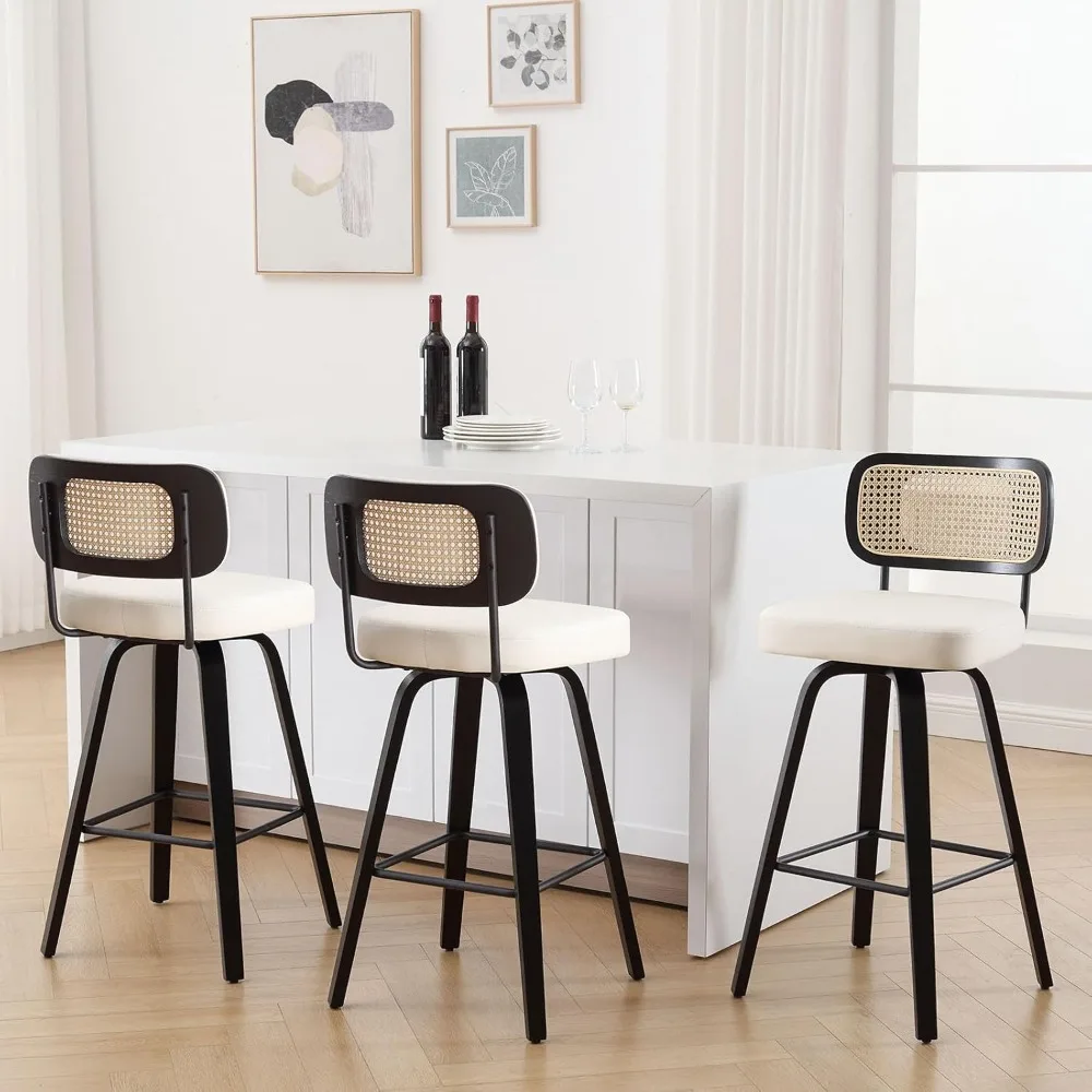 

Swivel Counter Height Bar Stools Set of 3, Upholstered Faux Leather Barstools with Rattan Back, 26" Seat Height Bar Chairs Islan
