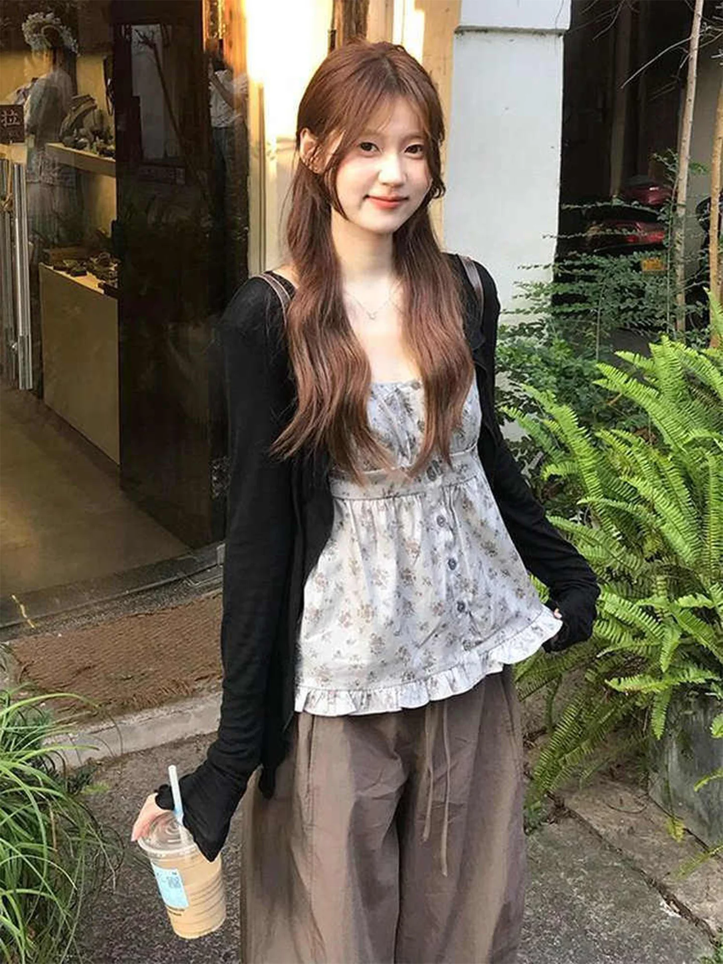 Retro Floral Print Halter Vest Women's Spring Autumn Outerwear Black Open Cardigan Layering Sleeveless Top Two-Piece Set