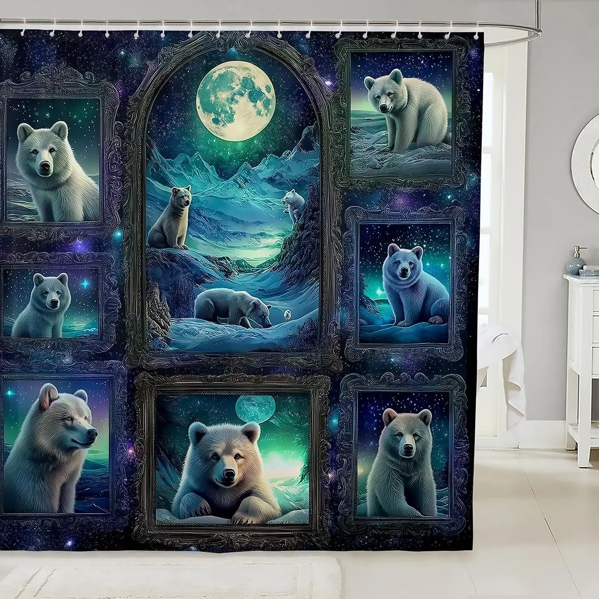 Polar Bear Family Art Shower Curtain Moon Stars Arctic Wildlife Bath Curtain 180x180cm Waterproof Shower