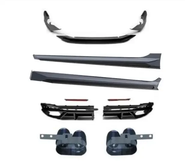 ABS Primer Front Bumper Lip Spoiler+Trunk Diffuser Back LED beaming+Side Body Skirt+Exhaust Pipe Tips For Audi A4 2020 2021 2022