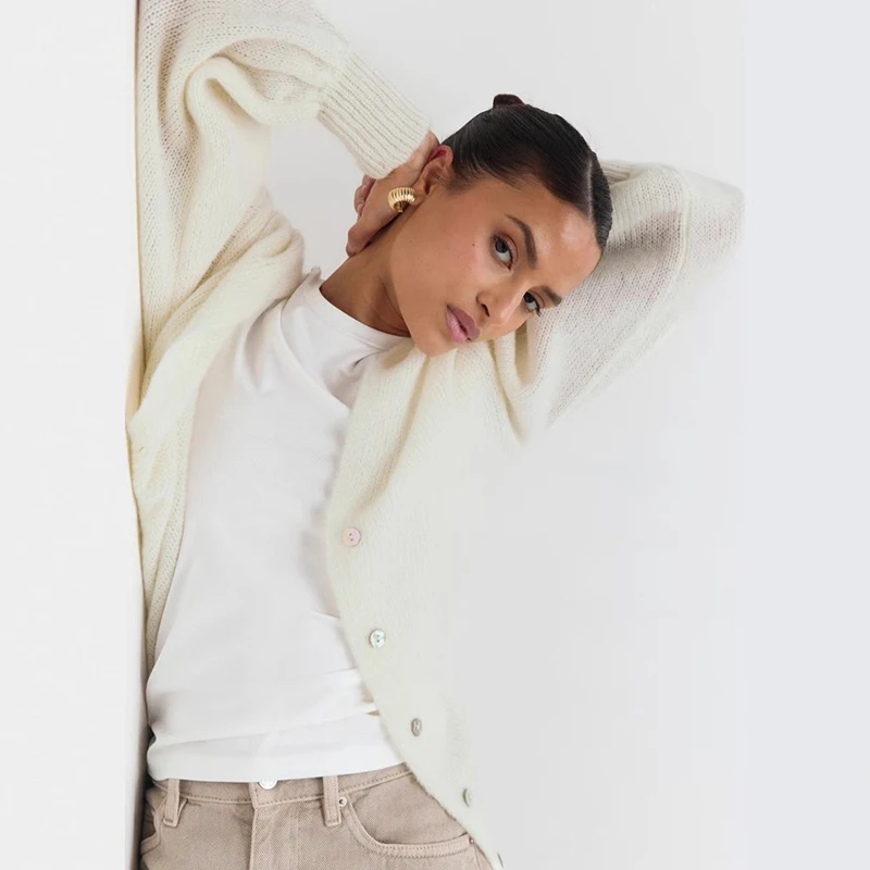 Ticketsx Sexy col en V pull femmes évider lanterne à manches longues simple boutonnage Cardigan dame décontracté doux solide pull manteau