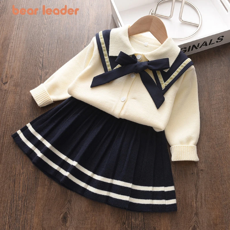 Bear Leader Girls Preppy Style Sweater Sets Christmas Dress Knitted Costumes Winter Soft Cotton Bowknot Cute Knitwear Clothes