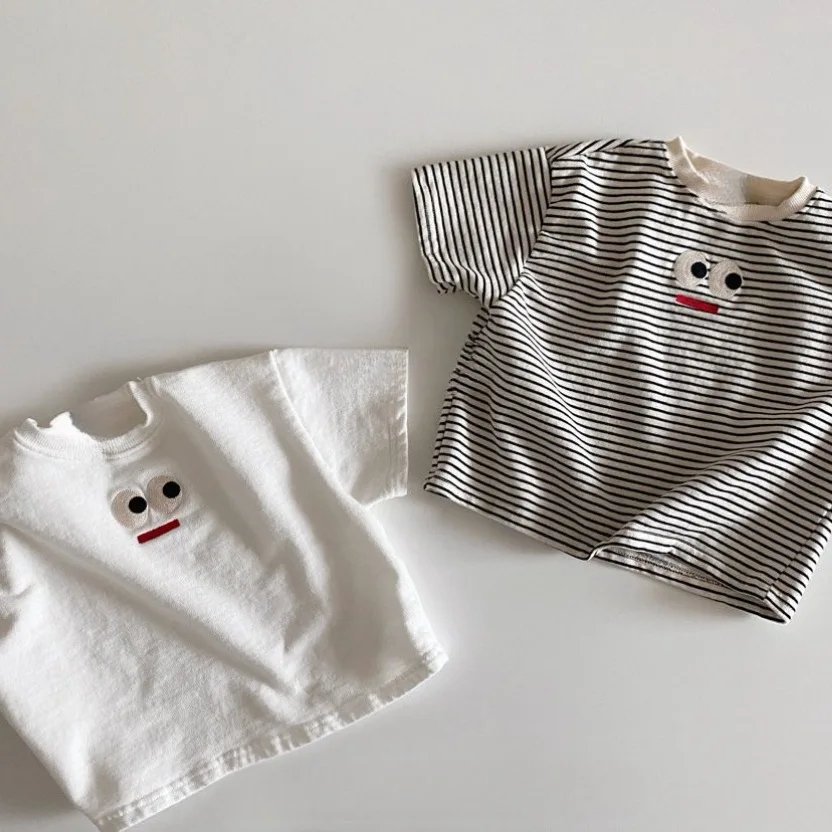 2026年夏新作-ベビー半袖tシャツ-刺繍入り大きな目-男の子-女の子-tシャツ-幼児用キュートトップス-乳児用コットンtシャツ