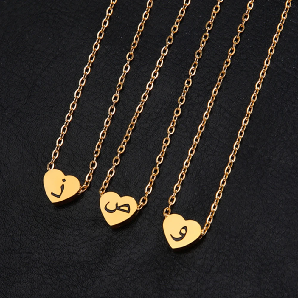 EUEAVAN Fashion Heart Arabic Letter Pendant Necklace Stainless Steel Arab Alphabet Gold Color Necklaces 2023 Trendy Jewelry Gift