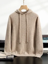 100% Cashmere Sweater Men's Ready-To-Wear Hooded Knitted Pullover Autumn Winter Long Sleeved Sweater Casual Sports Hoodie Top