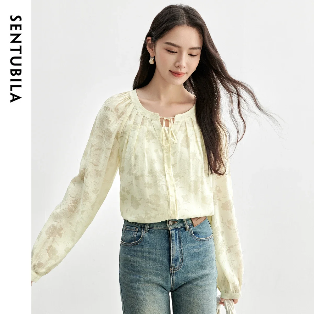 

SENTUBILA Women Tied Neck Blouse Elegant Lantern Long Sleeve Pullover Tops 2025 Autumn Ladies Print Shirts & Blouse 151C57904