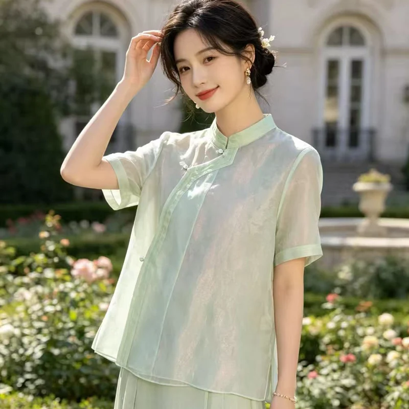 

Women Blouse Spring Summer Silk Blouse New Chinese Style Women's Flowers Loose Green Yellow Purple White Top S-XXL