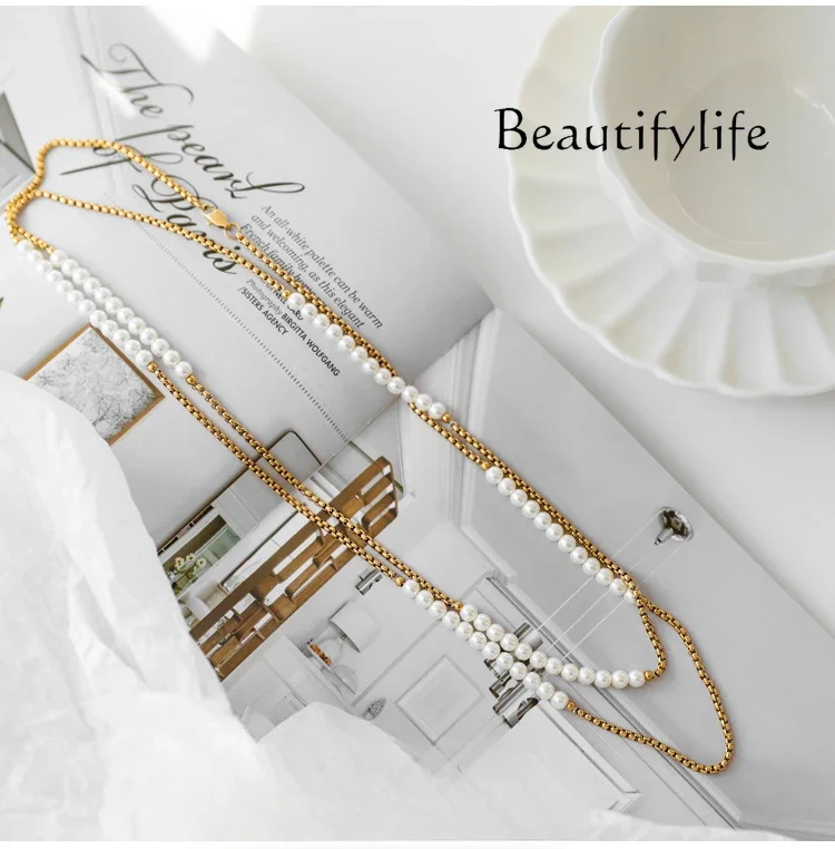 Non-fading pearl spacing long necklace sweater chain high-end light luxury niche versatile accessories