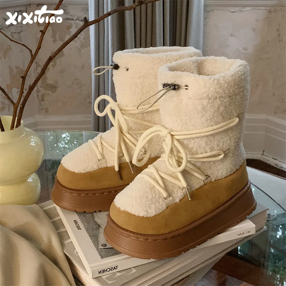 Women Snow Boots Autumn And Winter Lamb Wool Tied Snow Boots For Women Mid Length Boots Height Increasing Warm Cotton