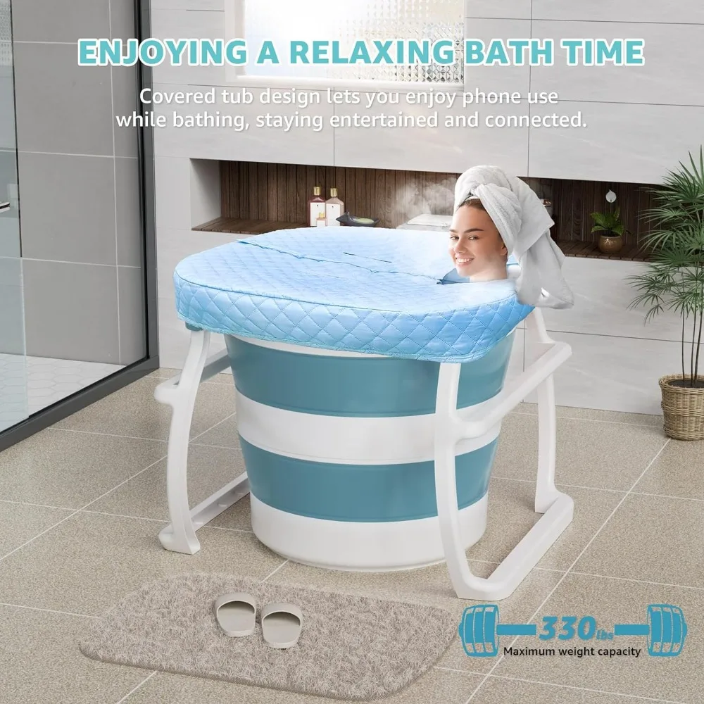 Outdoor bathtub, foldable soaking home sauna bathtub, bath bench, massage roller, ice bath, small space, blue, outdoor bathtub