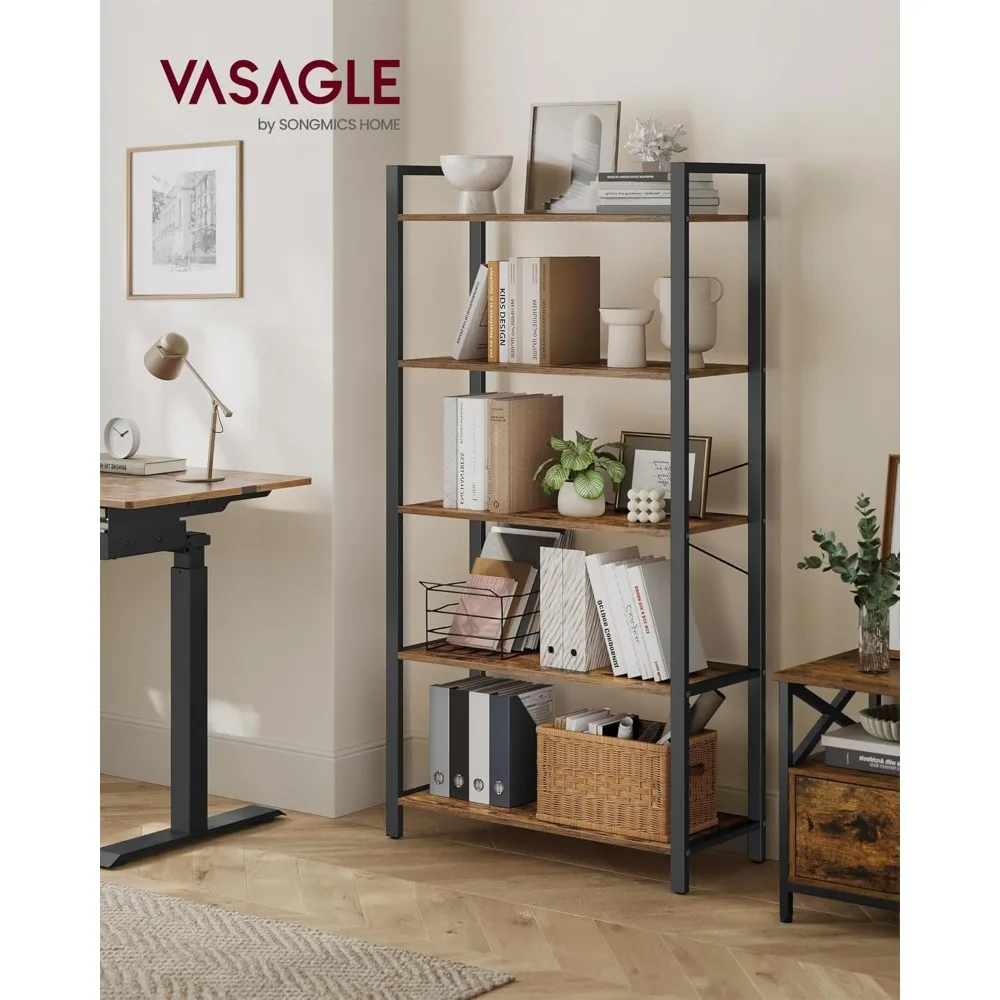 ชั้นวางหนังสือ VASAGLE 5 ชั้น, ตู้หนังสือโครงเหล็ก, ชั้นวางหนังสือสำหรับห้องนั่งเล่น, โฮมออฟฟิศ, ห้องทำงาน, 11.8 x 31.5 x 60.2 นิ้ว