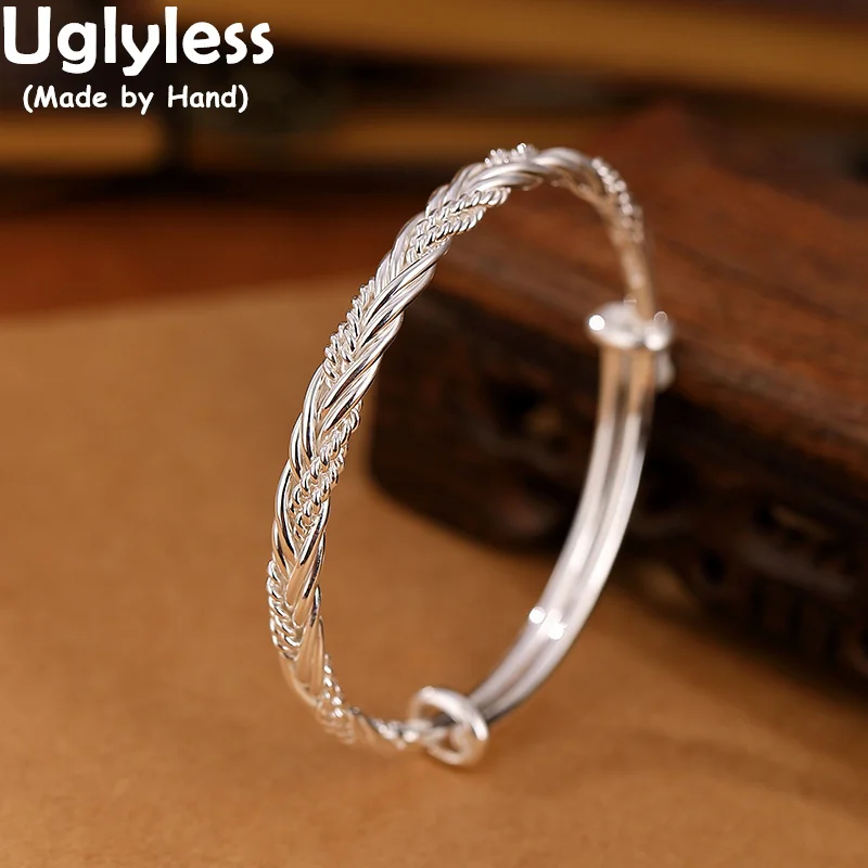 Uglyless Solid 999 Pure Silver Twists Bangles for Women Adjustable Push-pull Bangles Simple China Chic Jewelry Elegant Dresses