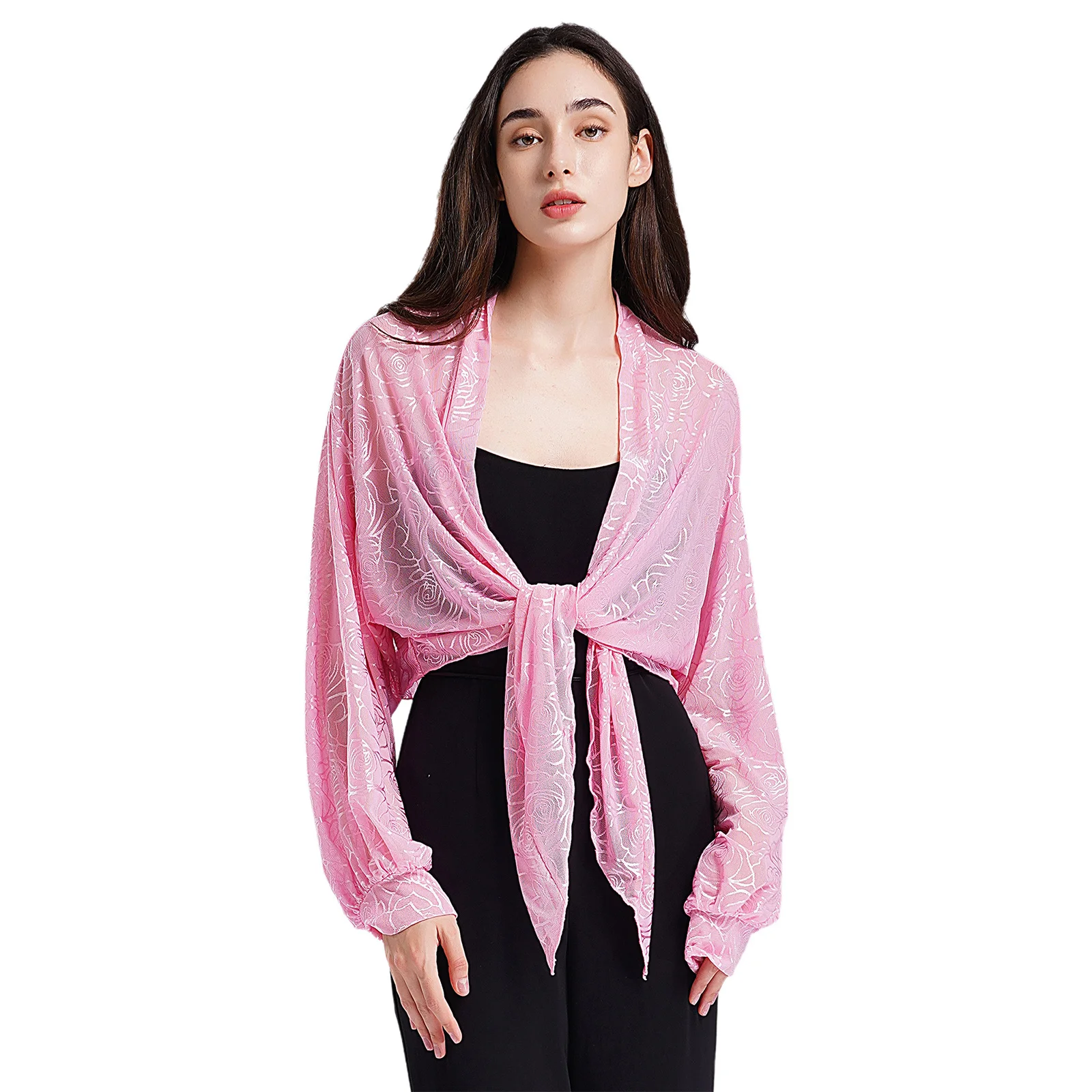 Womens Elegant Cardigan Ladies Wedding Bridal Dress Bolero Shawls Floral Sheer Mesh Long Sleeve Open Front Lace-Up Shrug Wraps