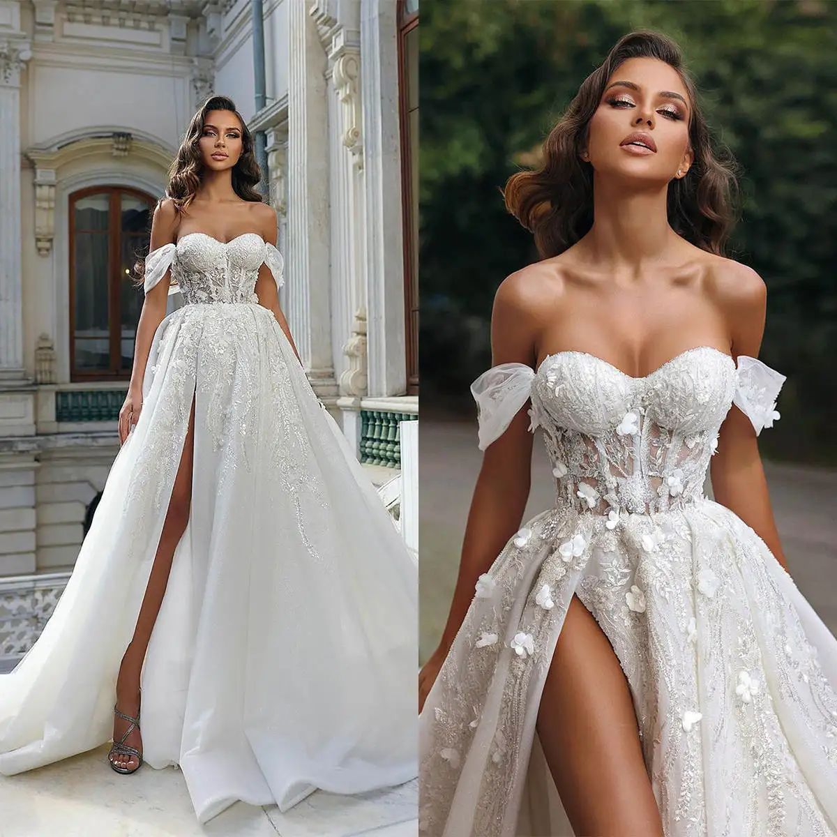 

Sexy A Line Wedding Dress Sequins Sweetheart Sleeveless Bride Gowns Off Shoulder High Split Bridal Dresses Custom Made