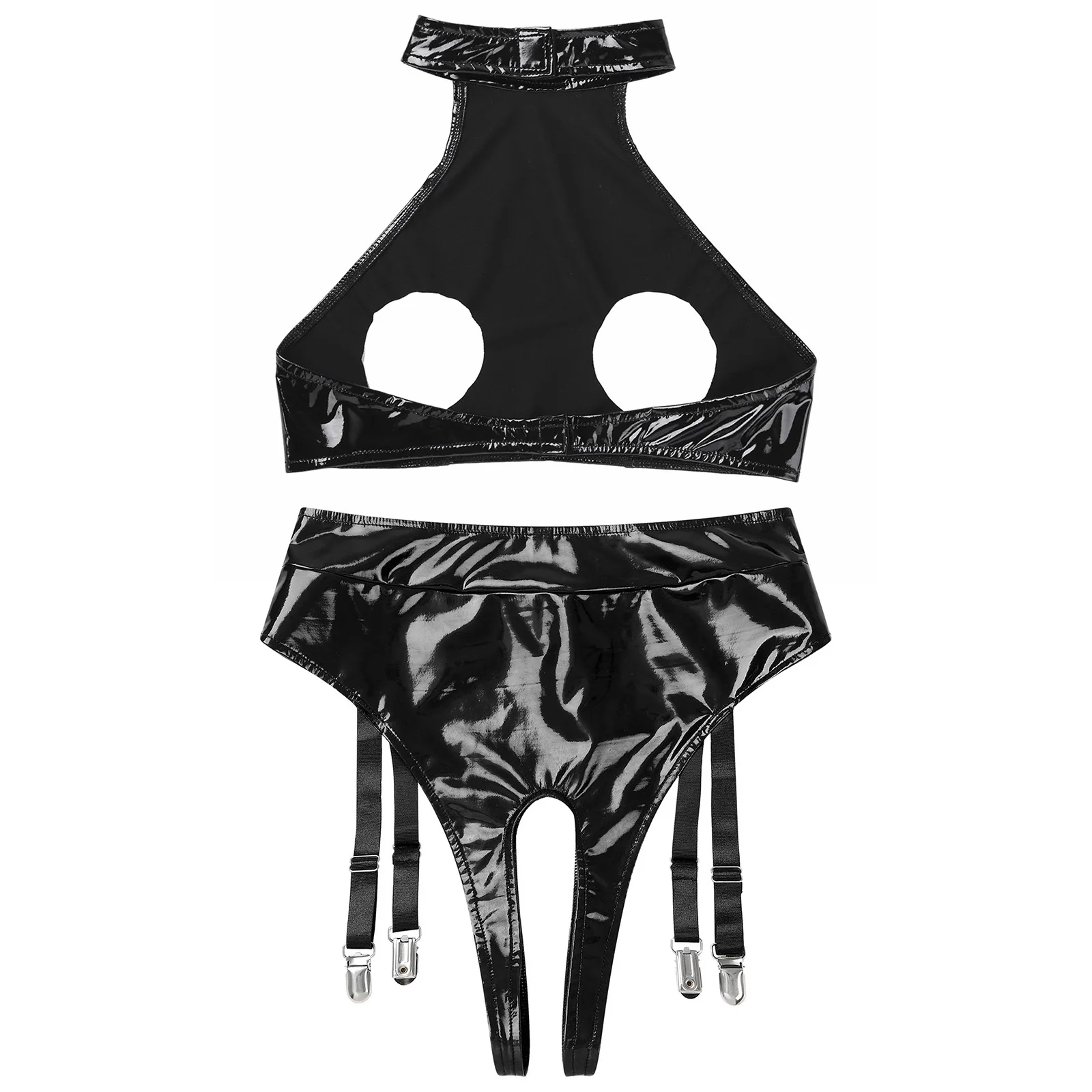 Womens Patent Leather Lingerie Set Wet Look Halter Open Bust Crop Tops with Open Crotch Garter Underwear Sexy Nightwear Clubwear