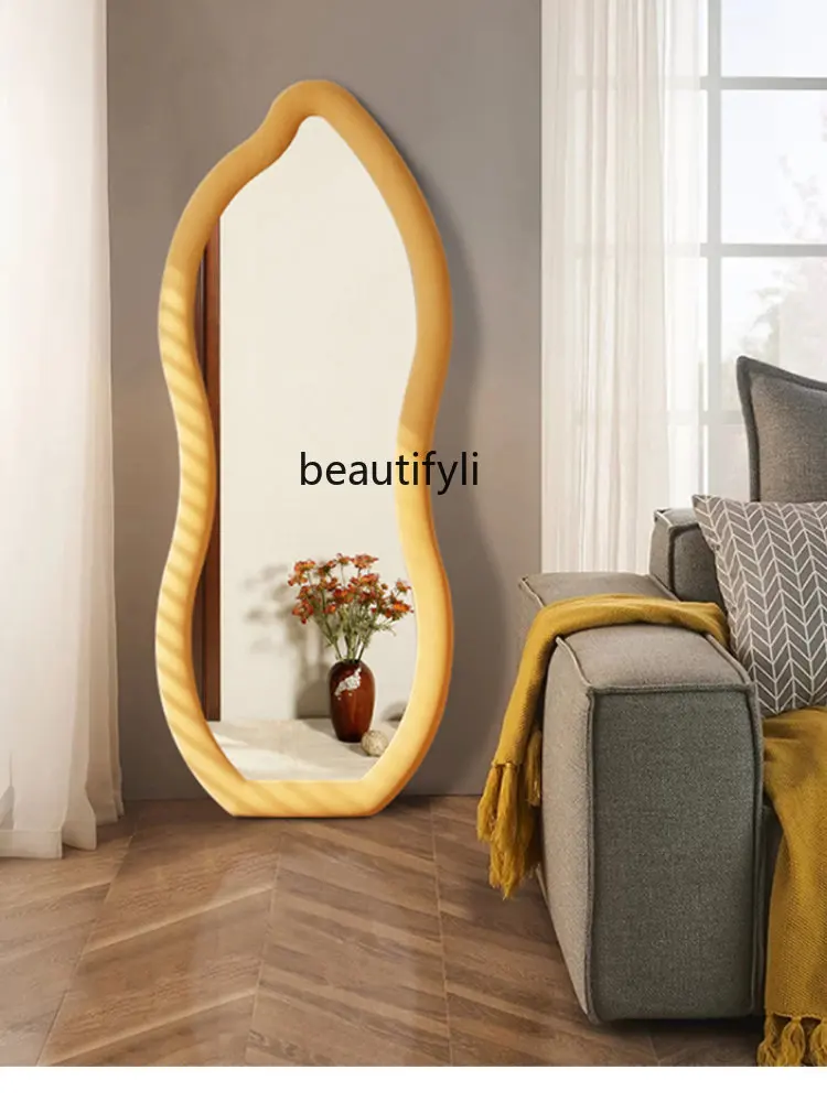 yj Cream Style Floor Mirror Special-Shaped Simple Home Floor Full-Length Mirror Bedroom Wall Hanging Full-Length Mirror