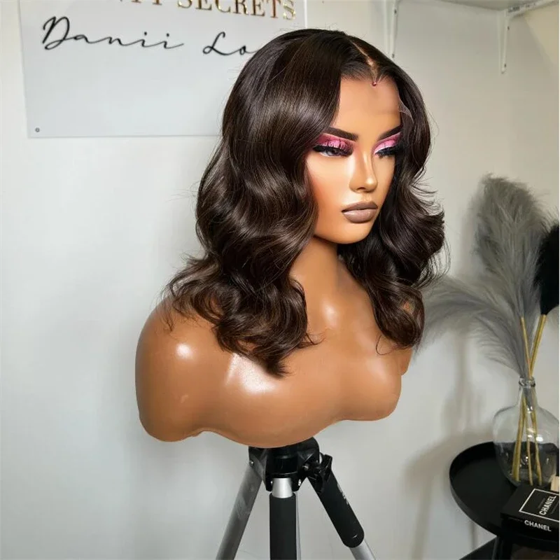 Perruque Lace Front Wig Body Wave sans colle pour femme, cheveux synthétiques, longs, doux, brun foncé, cheveux de bébé, préplumés, densité 180%, 22 po, 03/3