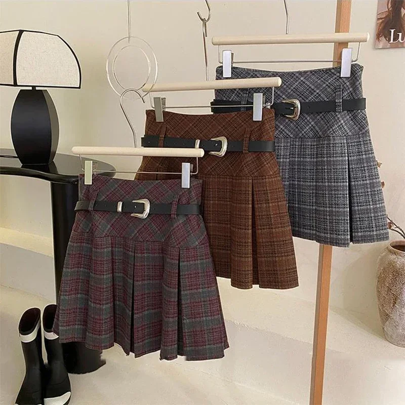Faldas plisadas Vintage a cuadros con cinturón para mujer Y2K Otoño Invierno falda acampanada coreana combinable con todo Minifalda informal de cintura alta E10855