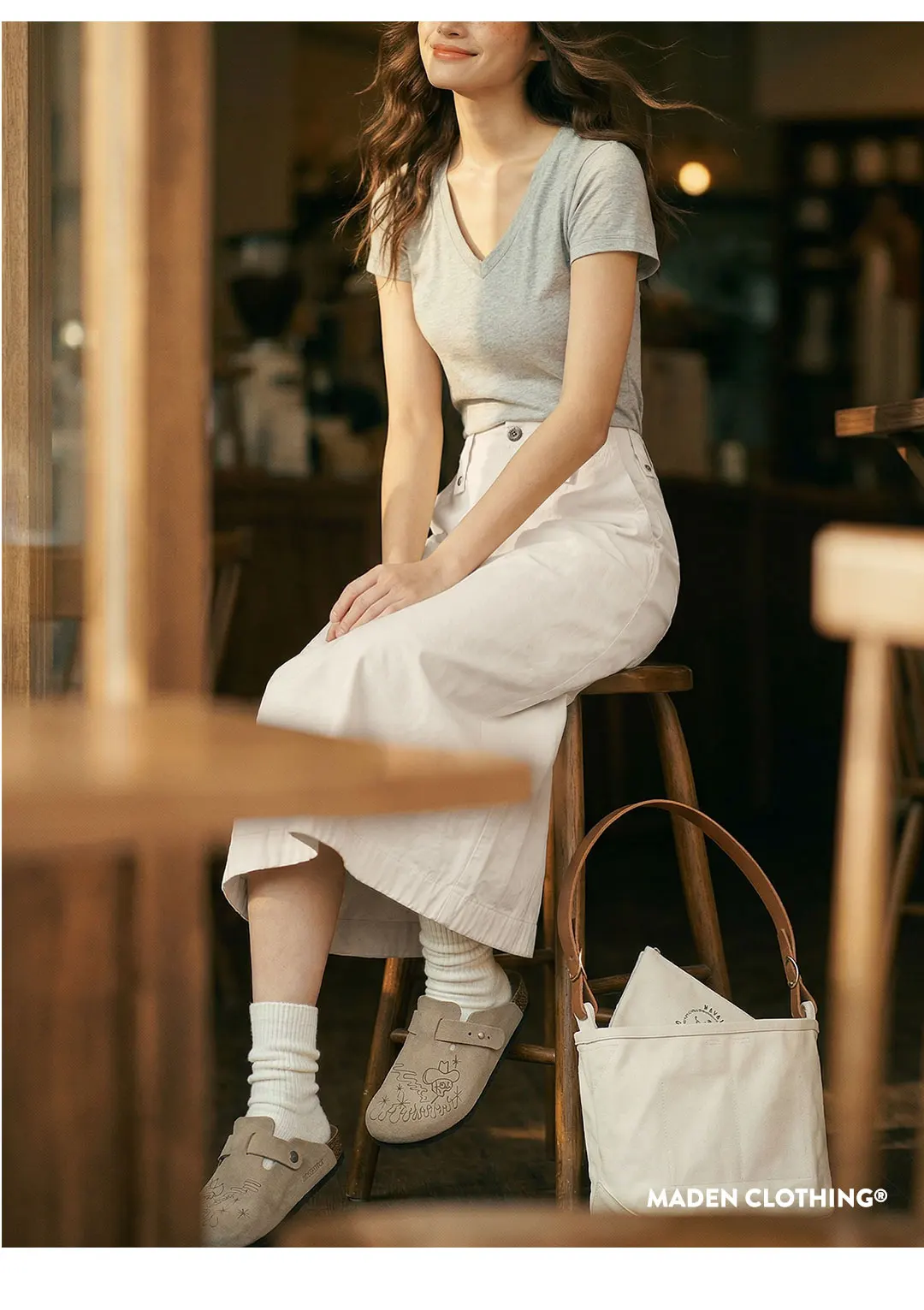 Maden Women's Cargo Skirt A Line Midi Back Slit High Waist Vintage Off White Casual Zipper Skirt for Spring Summer