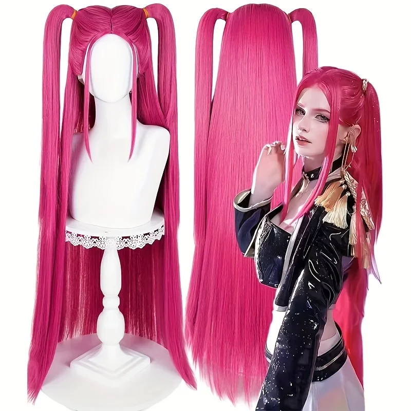 

Парик для косплея, длинный прямой розовый с двумя хвостиками, для женского костюма на Хэллоуин