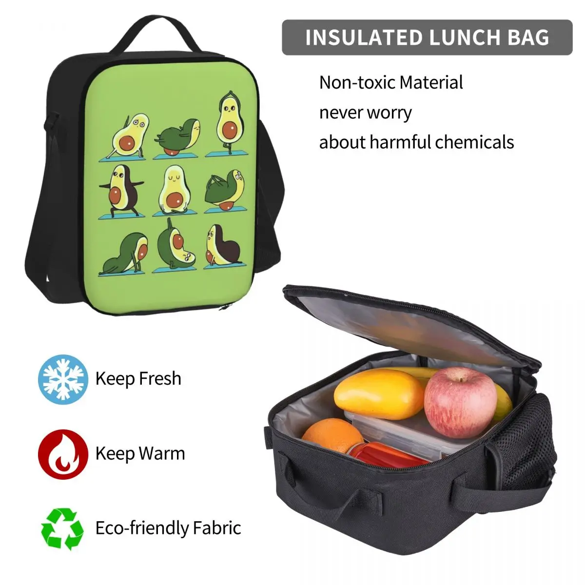 Mochilas de Yoga con aguacate para niños y niñas, mochilas escolares de dibujos animados, bolsa de almuerzo, bolsa para bolígrafos, juego de tres piezas