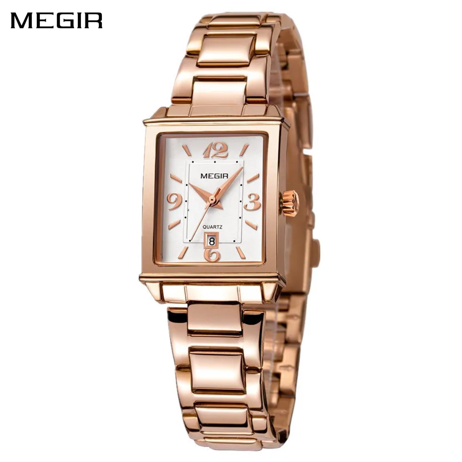 MEGIR Luxury Stainless Steel Bracelet Watch for Women Rectangle Dial Auto Date Ladies Business Sports Wristwatch Gifts for Girl