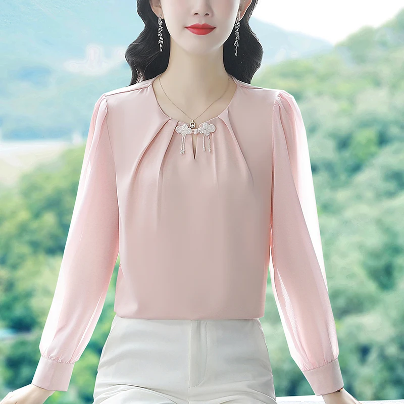 Satin Chiffon Blouses Long Sleeved Women's Shirts 2025 Spring and Autumn O-neck Ladies Tops Luxury Retro Blouse Female Clothing