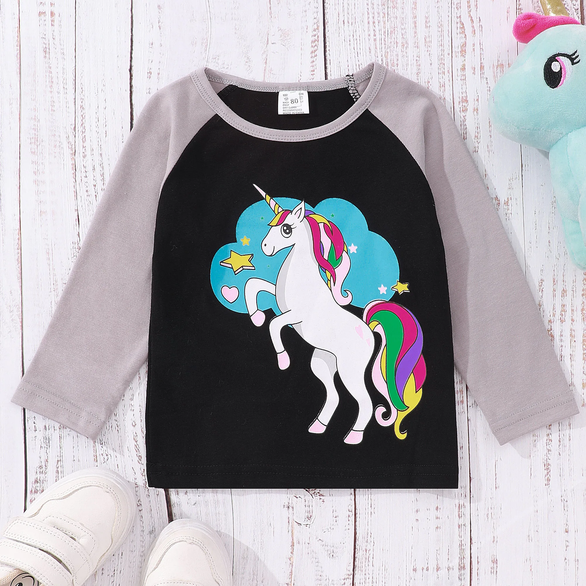 

Spring and Autumn Girls Long Sleeved Round Neck Children's Wear Spliced Unicorn Printed T-shirt Casual Comfortable Top