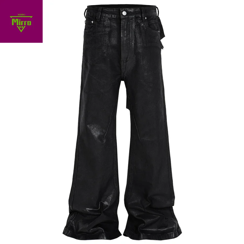 【Mirrordust】RO estilo jeans queimado masculino high street quebrado retalhos calças jeans pretas moda calças jeans soltas