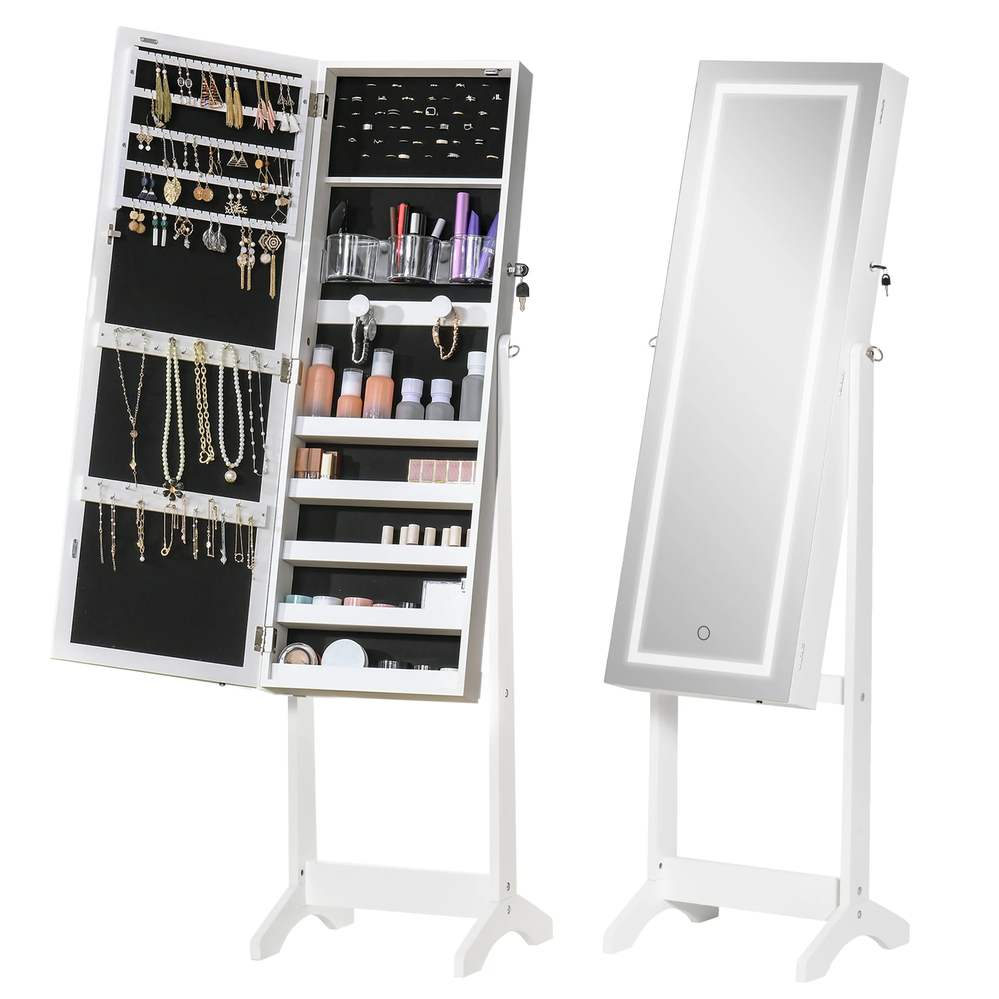 HOMCOM Espejo Joyero de Pie con Luces LED y Cerradura 46x36,5x151,5 cm Blanco