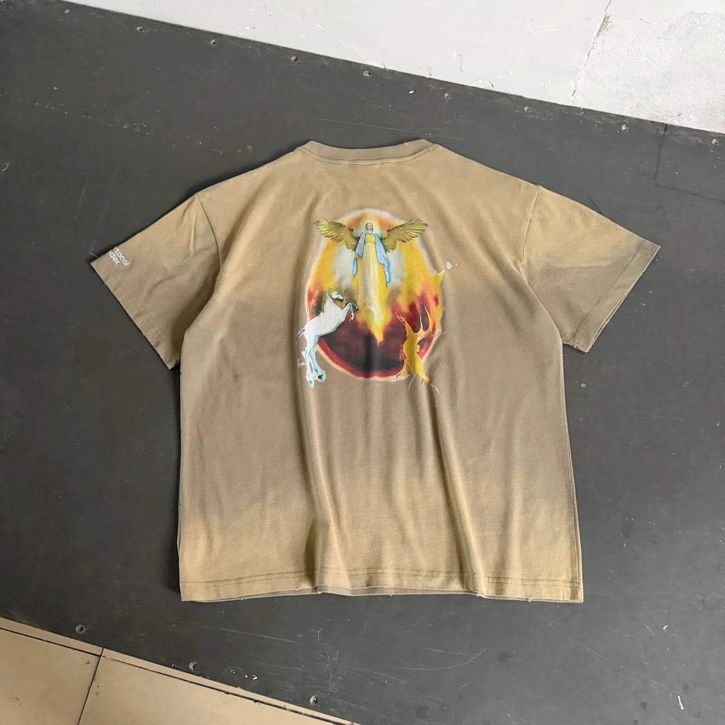 Vintage Washed Double Sided Angel Print T Shirt Khaki Oversized Short Sleeve Unisex Retro Streetwear Tee
