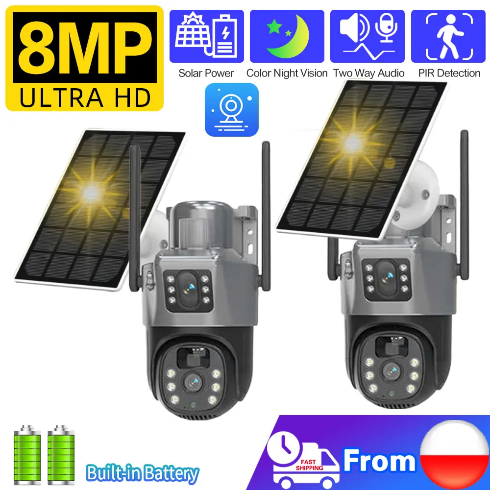 4K Solar IP Camera WiFi Outdoor Dual Lens PTZ Security Camera 8MP HD Built in Battery Solar Panel Wireless Camera PIR Alarm