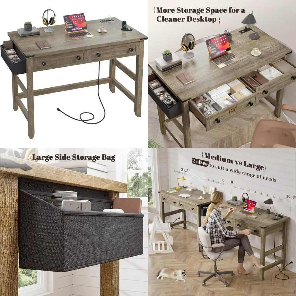 

Компактный стол для домашнего офиса с выдвижными ящиками, розетками и боковым карманом, идеально подходит для спальни, темный рустикальный стиль