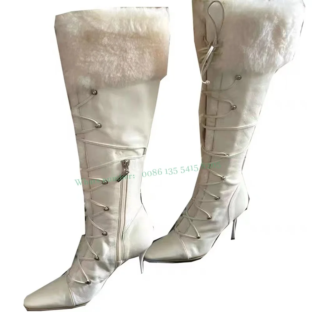 Cross Strap Splicing Plush Warm White Boots Pointed Toe Thin Heels Side Zipper Over The Knee Boots Solid Warm Winter for Women