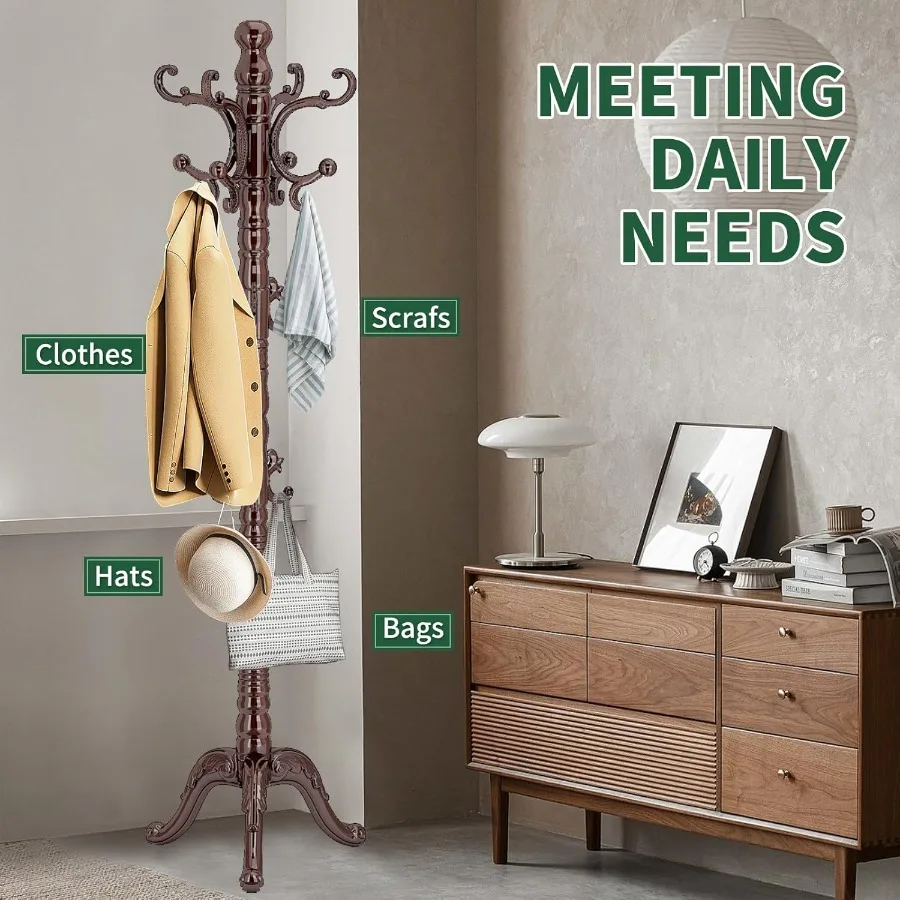 حامل معطف خشبي عتيق مع قاعدة مثلثة قوية مثالية للمدخل أو المكتب يتميز بـ 14 خطافًا وخشب البتولا الطبيعي #6