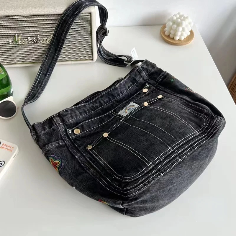 American Retro Embroidered Denim Shoulder Bag Washed Made Old Tote Bag Cool for Shopping Large Capacity Women's Crossbody Bag