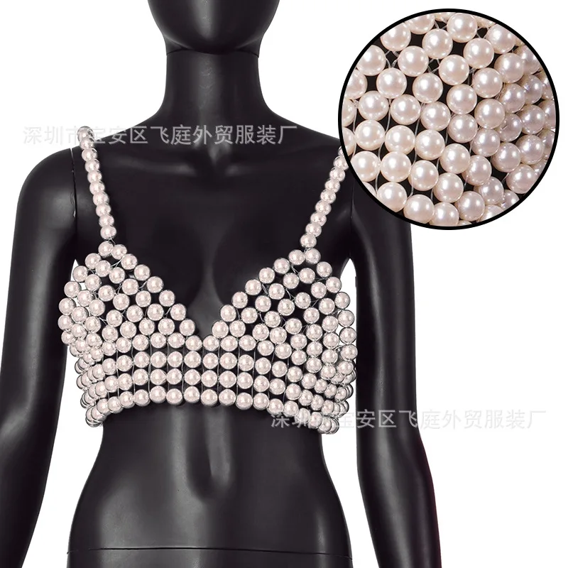 Luxury Summer White Black Big Pearls Straps Vest Hollow Beading canotte Tube Tops Dots Tanks Crop Tops 2023