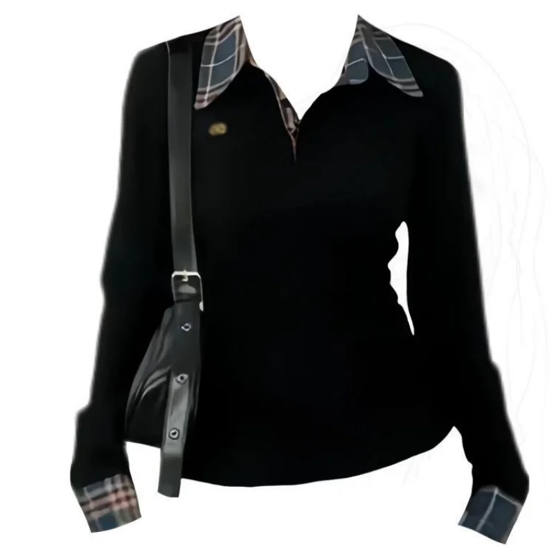 Lapel Plaid Patchwork Shirt Women's Embroidery Polo Neck Fake Two Piece Y2k Chic Preppy Style T-shirt Long Sleeved Slim Fit Top
