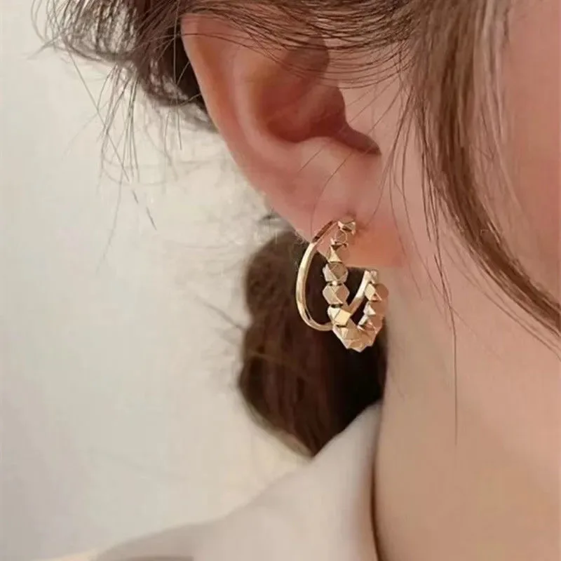 2022 New Geometric Cube Gold Color Granule C-shaped Dangle Earrings Fashion Jewelry Exquisite Accessories For Women‘s Girls Gift