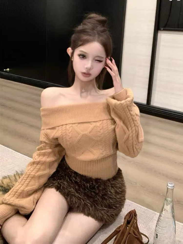 

Тонкий свитер с разрезом на шее для женщин, зимний корейский вязаный пуловер с длинными рукавами Y2K, уличная одежда, сексуальные теплые джемперы с открытыми плечами Mujer