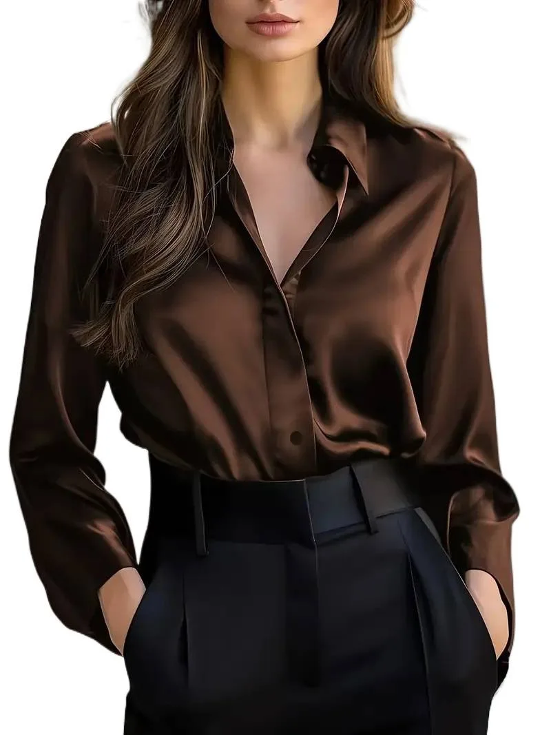 أنيقة طويلة الأكمام لون نقي زر قميص المرأة المألوف الخريف الزي البوليستر النسيج الخامس الرقبة العادية كم ST25099