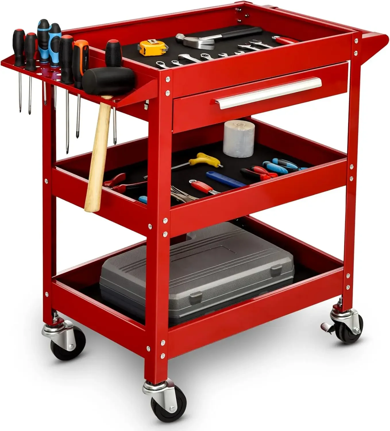 

3 Tier Rolling Tool Cart Heavy Duty Metal Frame for Garage Industrial Service Cart with Drawer