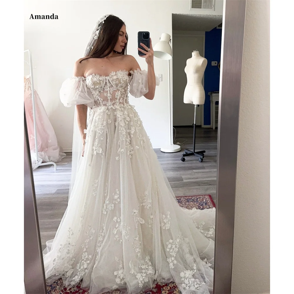 

Amanda Customized Tulle Off the Shoulder robes de soirée Floor-Length Appliques Evening Dresses Wedding Party Wedding Dress