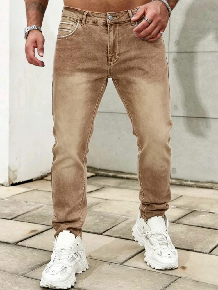 Men's Vintage Khaki Slim Fit Jeans Casual Straight Leg Wash Cotton Denim Pants Youth Popularity Daily Wear All-Season Trousers