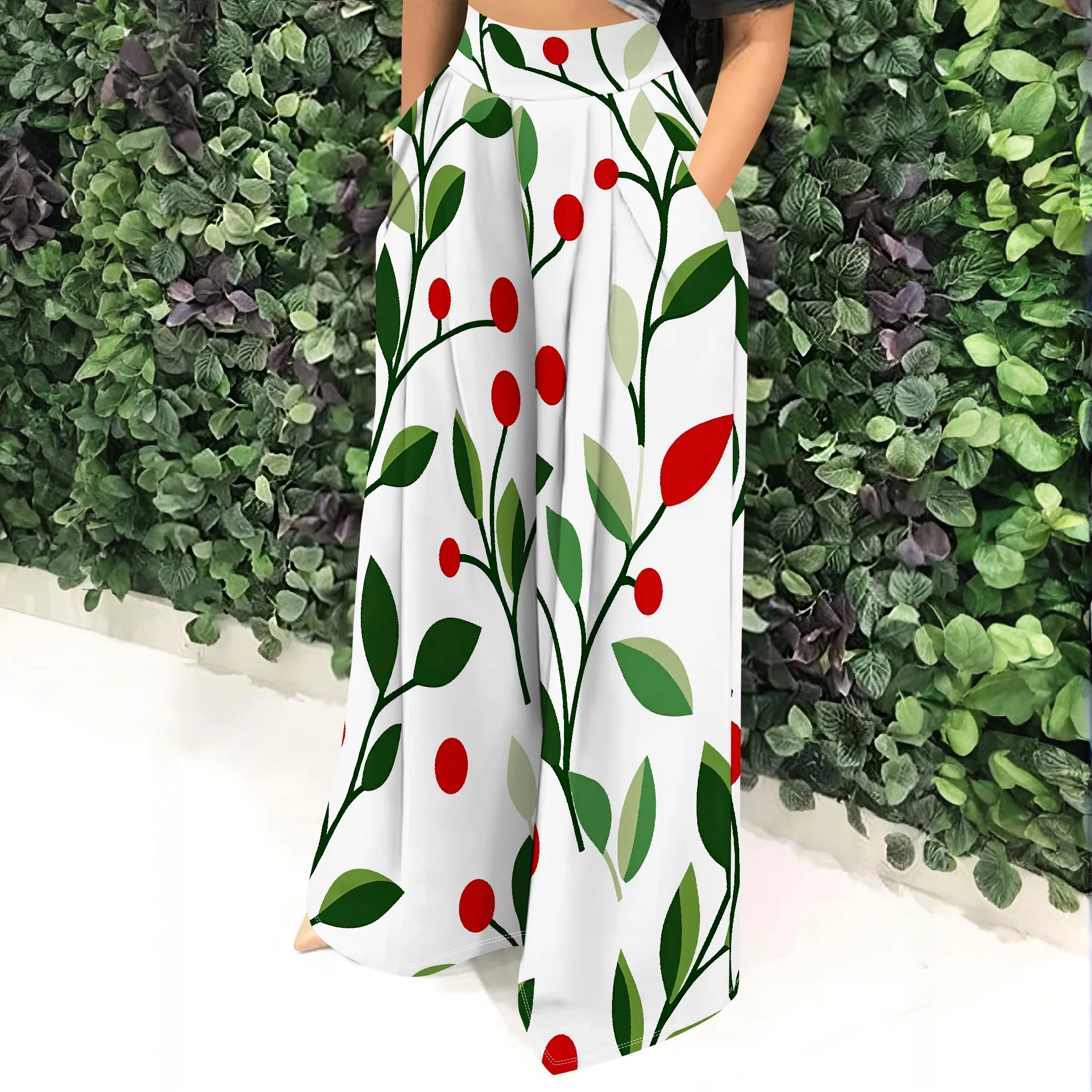 High Waist, Wide Leg Pants, Cherry Print Botanical Pattern, Red Berry Green Leaf, Summer Casual Wear for Women, S-2XL