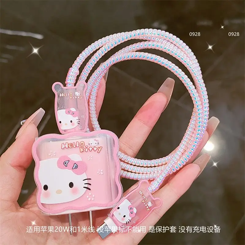 

Sanrio Anime Hello Kitty Anti Breaking Apple Data Cable Protective Case Mobile Phone 18/20W Charger Winding Rope Decorative Gift